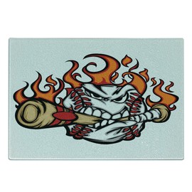 Lunarable Sports Cutting Board, Baseball Face Bite Bat Stitches Teeth Aggressive Angry Expression, Decorative Tempered Glass Cutting and Serving Board, Small Size, Orange Sand Brown Red