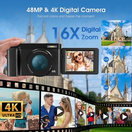 NSOELA 4K Digital Camera for Photography Auto-Focus Vlogging Camera for YouTube Video with 3'' 180° Flip Screen 16X Anti-Shake 4K Camera Compact Cameras with SD Card, Flash