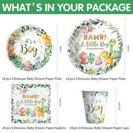 Owelleny Dinosaur Baby Shower Decorations for Boy, Jungle Animal Dino Baby Boy Party Supplies, Dinosaur Theme Rawr It's a Boy Paper Plate, Napkin, Cup, Tablecloth, Cutlery, Banner, Swirls, Serves 24