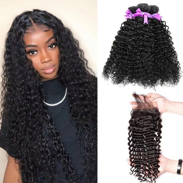 HLSK Hair Brazilian Virgin Curly Hair Weave 3 Bundles with Lace Closure Free Part 4x4 8A Unprocessed Brazilian Kinky Curly Hair Weave Bundles Natural Color 16 18 20+14 Kinky Curly