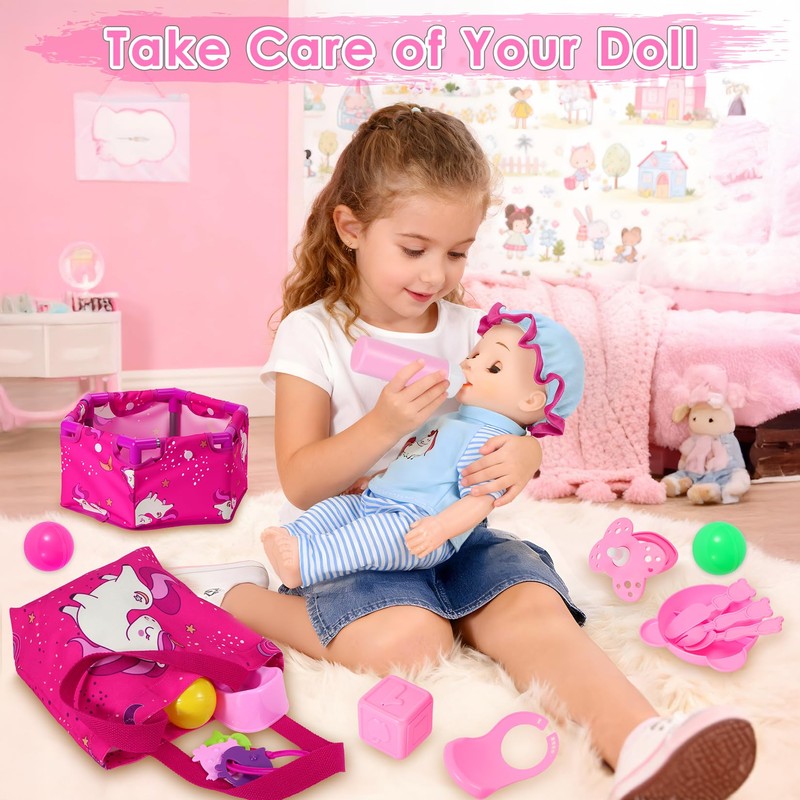 Baby Doll Stroller Toys Set,17 PCS Pretend Play for Girls