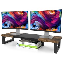 WESTREE Dual Monitor Stand Riser, Wood and Steel Multi-Purpose Desktop Storage Stand for 2 Monitors for Computer, Laptop, Printer, TV, Rustic Brown