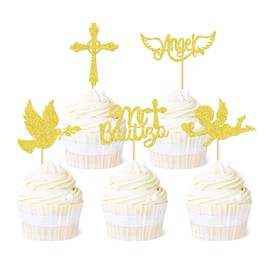 Ercadio - Paquete de 30 adornos para magdalenas Mi Bautizo con purpurina dorada, diseño de paloma de ángel, diseño religioso de Dios bendiga para magdalenas para bautizos, baby shower, suministros para fiestas de cumpleaños para niños