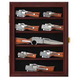 Jinchuan Knife Display Case - Pocket Knife Stand for Collections - Military Folding Knife Shadow Box Wall Cabinet with Uv Protection Acrylic Lockable,Small Mahogany