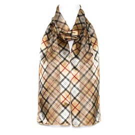 Hat To Socks Chiffon Satin Scarf with Scottish Tartan Checked Pattern (Beige)