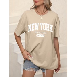 Women’s Oversized New York Letter Graphic Print Short Sleeve Tunic Tops Crew Neck Loose Fit Tee Casual T Shirts