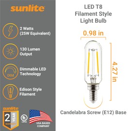 Sunlite 41344 LED Filament T8 Tubular Light Bulb, 2 Watts (25W Equivalent), Candelabra E12 Base, Dimmable, 85 mm, UL Listed, 130 Lumens, 2700K Warm White, 12 Count