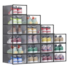 SONGMICS Stackable Shoe Boxes, Set of 18 Plastic Shoe Organizers with Door, Transparent, Easy Assembly, 9.1 x 13.1 x 5.6 Inches, for Shoes up to US Size 10, Transparent and Ink Black ULSP318B01