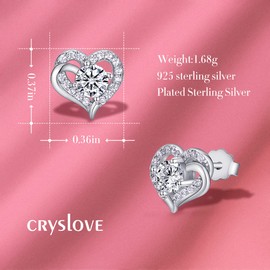 CRYSLOVE Heart Stud Earrings for Women 925 Sterling Silver White Gold with Cubic Zirconia Love Stud Jewelry Gift for Birthday Christmas Valentine's Day Mother's Day
