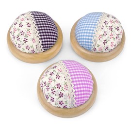 Floral Vintage Pin Cushion with Light Wooden Plate Diameter 7 cm Checked and Floral Pink