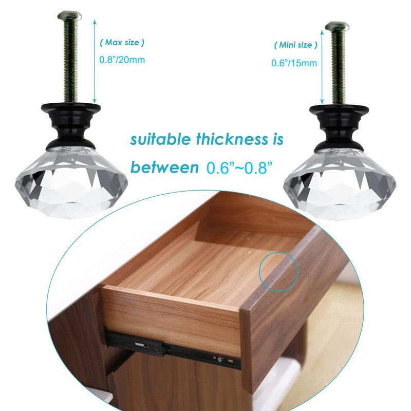 FENSING 6 Pcs 30MM Crystal Black Glass Dresser Knobs Diamond