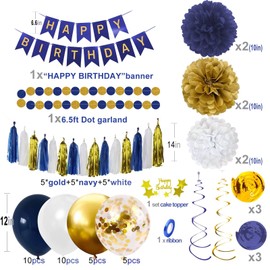 Birthday Decorations for Men, Navy Blue and Gold Party Decorations Set - Happy Birthday Banner, Balloons, Tissue Pompoms, Swirls, Tassels Garland