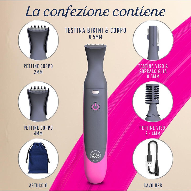 Veet Expert All-In-One Trimmer, Rasoio elettrico donna, Viso e parti