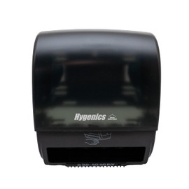 Sierra Hygiene Products Hygenics Commercial Grade Hands-Free Translucent Black Paper Towel Dispenser with Motion Sensor Bundle with (6) Hygenics 7.5" Hardwound 1-ply Brown Paper Towel Rolls