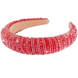 Wecoe Red Headband Women Rhinestone Headband Fashion Padded Headband Cute Fancy Bling Diamond Sparkle Crystal Beaded Headband Holiday Hair Accessories For Women Girls Christmas Valentines Day Gifts