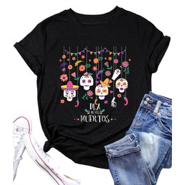 Dia De Los Muertos Shirt Women Funny Day of The Dead Skulls T-Shirt Fall Sugar Skull Garphic Tees Spooky Season Tops (Black2, Medium)