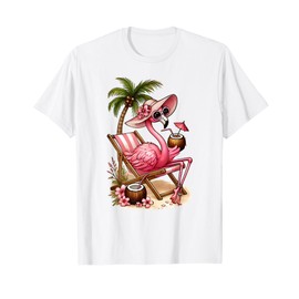 Women's Girls Pink Flamingo Beach Palm Tree Cute Flamingo T-Shirt
