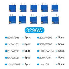 Variable Resistors, 50 pcs, 10 Types, 3296W Ohm Resistor Set, 500R/1K/2K/5K/10K/10K/20K/100K/200K/1M, Precision Trim Potentiometer, Semi-Fixed Volume, Semi-Fixed Resistor, Electronic, Craft Parts Set, Storage Case Included