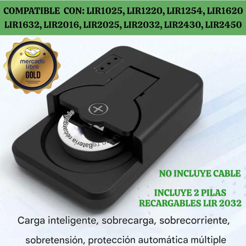 Cargador Pila Botón +2pilas Recargables Lir2032-2025-2016usb
