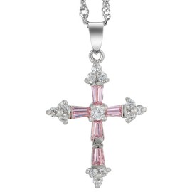 RIZILIA Cross Pendant with 18" Chain & Trapezoid Round Cut CZ [Simulated Pink Sapphire] in White Gold Plated, Simple Modern Elegant