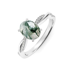 DOLIOX Natural Moss Agate Ring for Women 925 Sterling Silver Oval Engagement Wedding Ring for Her Engraved Customized Jewelry Size 7