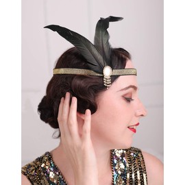 Teyglen 1920s Flapper Headband Black Feather Headband with Rhinestone Tassel Roaring 20s Hair Accessories Black Feather Headpiece for Costume Theme Party Prom