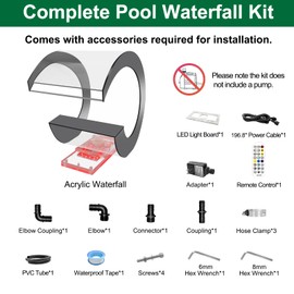 LONGRUN J-Shaped Waterfall Spillway Acrylic Swimming Pool Fountain with Color Changing LED Light, Outdoor Pond Waterfalls Kit for Garden Patio Swimming Pool Koi Ponds Decoration -13.6" Height