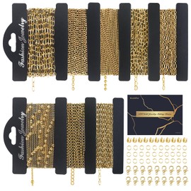 Ecoofor 14k Gold Necklace Chains for Jewelry Making, Total 27 Feet 8 Rolls Bracelet Chains for DIY, 3.3 Feet Each Style, 14K Gold Plated Chain with Jump Rings/Lobster Clasps/Connectors