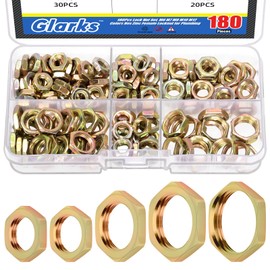 Glarks 180Pcs M6 M7 M8 M10 M12 Metric Hex Lock Nut Set, Yellow Zinc Cast Pipe Fitting Thin Hex Female Lock Nut for Plumbing