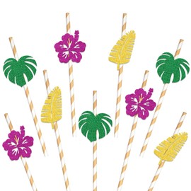 Tropical Paper Straw Decor, Palm Leaf Party Decorations, Hawaiian Tropical Paper Straws, Safari Leaves Summer Beach Party Decor Supplies 24Pcs Green