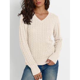 LILLUSORY Women's Cable Knit V Neck Sweaters 2025 Fall Fashion Outfit Lightweight Cozy Trendy Cute Pullover Business Casual Cashmere Long Sleeve Tops Winter Work Old Money Clothes Cream XL