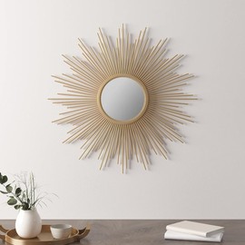 Oakestry Fiore Metal Sunburst Theme Mirror Wall Decor Modern and Glamorous Sphere Design for Living Room Bedroom Bathroom Entryway, 14.5" Diameter, Gold