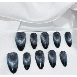 Handmade Press on Nails Medium Almond Cat Eye Fake Nails for Women's 10pcs (gray, S)