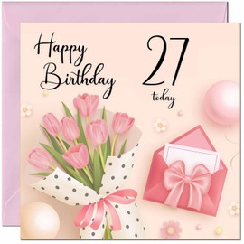 27th Birthday Card for Women - Ladies Pink floral Birthday Cards for 27 year old woman twenty seven, twenty seventh Mum Nan Aunt Daughter Friend Niece Sister Wife Girlfriend Girls for her