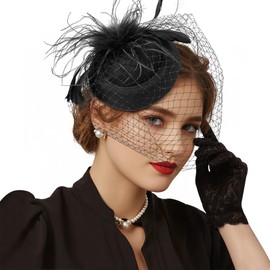 Zando 2025 Kentucky Hats Derby for Women 20s 57s Flower Vintage Black Fascinators Hat with Veils Hair Clip for Womens Lady Girls Outfit Headwear Funeral Tea Party Bridal Wedding Accessories One Size