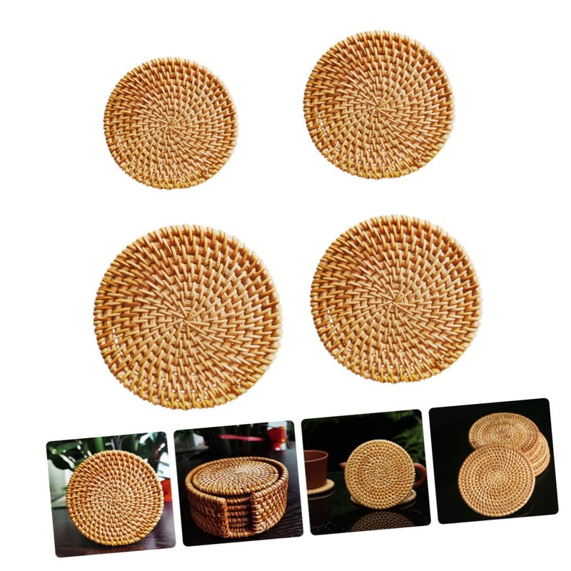Gatuida 4Pcs Rattan Woven Heat Insulation Mats Handmade Coasters Bowl
