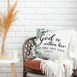 MNASAIOO Christian Psalm 46:5 Decorative Throw Pillow Covers, Bible Verse God is Within Her Pillows Covers, Rustic Sage Green Eucalyptus Leaf Pillow Cases Decor for Prayer Room Couch Bedroom 18x18in
