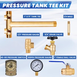 Well Pressure Tank Tee Kit with 40/60psi Pressure Switch,Brass Pressure Tank Installation Kit for Water Well, Fit Most pressure tanks with diameters up to 16''