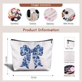 Zomhix Coquette Bow Makeup Bag - Chinoiserie Blue and White Porcelain Cosmetic Bag, Blue Floral Makeup Bag, Girly Makeup Bag, Blue Preppy Zippered Bag for Women