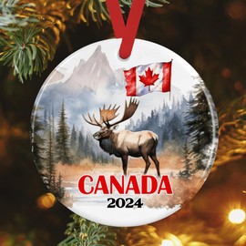 2024 Canada Christmas Ornament, Round Ceramic and Comes with Red Satin Ribbon, Features Moose Elk and Maple Leaf Canadian Flag