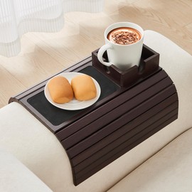 LOVYANXUE Bamboo Couch Cup Holder, Foldable Sofa Arm Tray, Anti-Slip Couch Aremrest Tray Table for Drink, Cup, Remote, Snacks, Cellphone, Portable, Mahogany