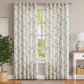 jinchan Linen Curtains Floral Curtain 84 Inch Length for Living Room Bedroom Light Filtering Rod Pocket Back Tab Jacobean Curtains Flax Linen Texture Window Drapes Set 2 Panels Blue on Linen