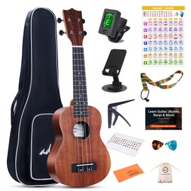 ADM Ukulele Beginner Kit Mahogany Hawaiian Wood Ukelele Bundle Ukalalee Set with Uke Free Starter Lessons for kids Students and Adults, Yellow Brown (Khaki, 21 inch)