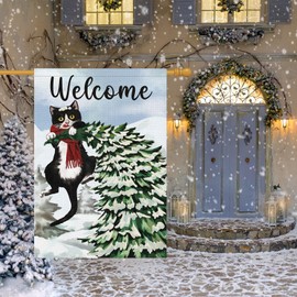 Louise Maelys Welcome Winter Garden Flag 28x40 Double Sided, Burlap Farmhouse Large Pine Tree Black Cat Garden Yard Flags for Winter Seasonal Outside Outdoor House Holiday Decor (ONLY FLAG)