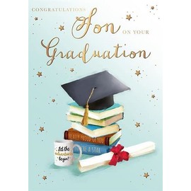 Words 'n' Wishes Son Graduation Congratulations Card - 'Let The Adventures Begin!' Mortarboard Hat, Books & Certificate Embossed with Foil Details - Eco-Friendly - Made in Great Britain