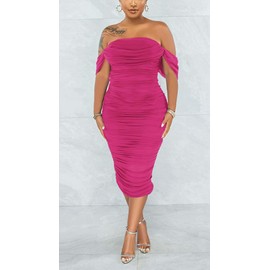 Fooullaide Women's Sleeveless Off Shoulder Ruched Midi Dress Bodycon Ruffle Strapless Sexy Party Club Tube Dresses