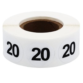 White Number 20 Stickers 0.75 Inch 19 mm Round 500 Count