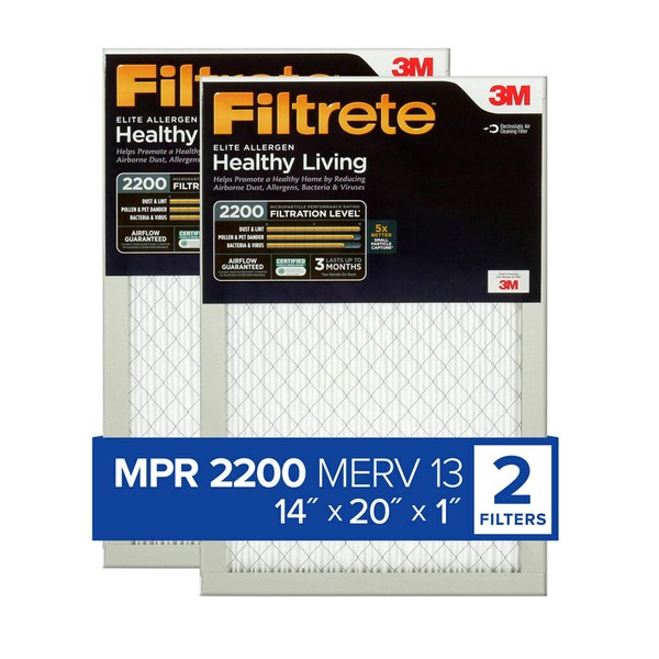 Filtrete 14x20x1 Air Filter MPR 2200 MERV 13, Healthy Living Elite Allergen, 2-Pack (exact dimensions 13.81x19.81x0.78) White