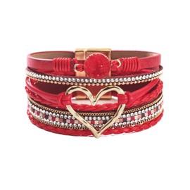 KunBead Red Multilayer Leather Wrap Bracelet for Women Heart Charm Sparkling Colorful Braided Wristbands Bracelets