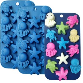 Ocean Silicone Mold 3-Piece Set - 12 Cavities Sea Turtle Starfish Octopus Shapes Food Grade Silicone Molds for Chocolate, Candy, Ice Cubes, Resin, Wax, Soap - Great for Baking, Craft, DIY, Party Decor